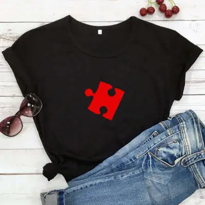 European And American Couple Heart shaped Puzzle 3D Digital Printing Casual Round Neck T shirt Black - Shop at LoveMi