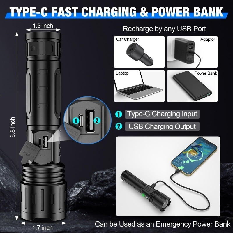 Rechargeable Ultra Bright Flashlight 3000mAh Lasting IP67 Waterproof Smart Digital Display For Camping