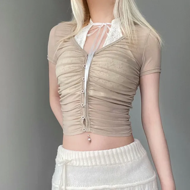 Summer Light And Slightly Transparent Pleated Lace T shirt Khaki - Shop at LoveMi