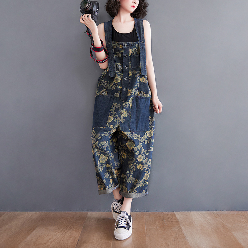 Title 5, Tuta jumpsuit in denim stampato, gamba larga, t...