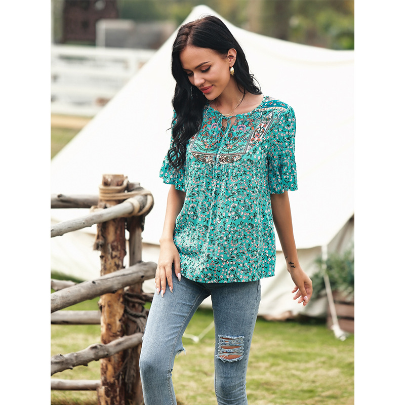 Title 4, Summer Round Neck Pastoral Print Round Neck Dra...