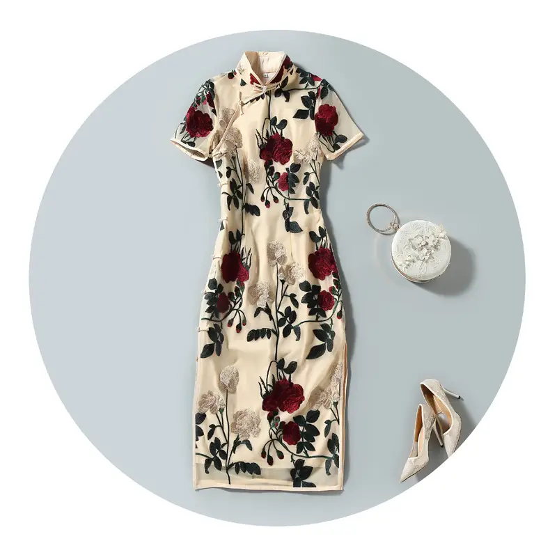 Floral Embroidered Cheongsam Midi Dress with Stand Collar and Short Sleeves