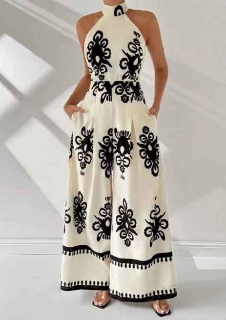 Halter Neck Waist-Tie Abstract Print Wide Leg Jumpsuit