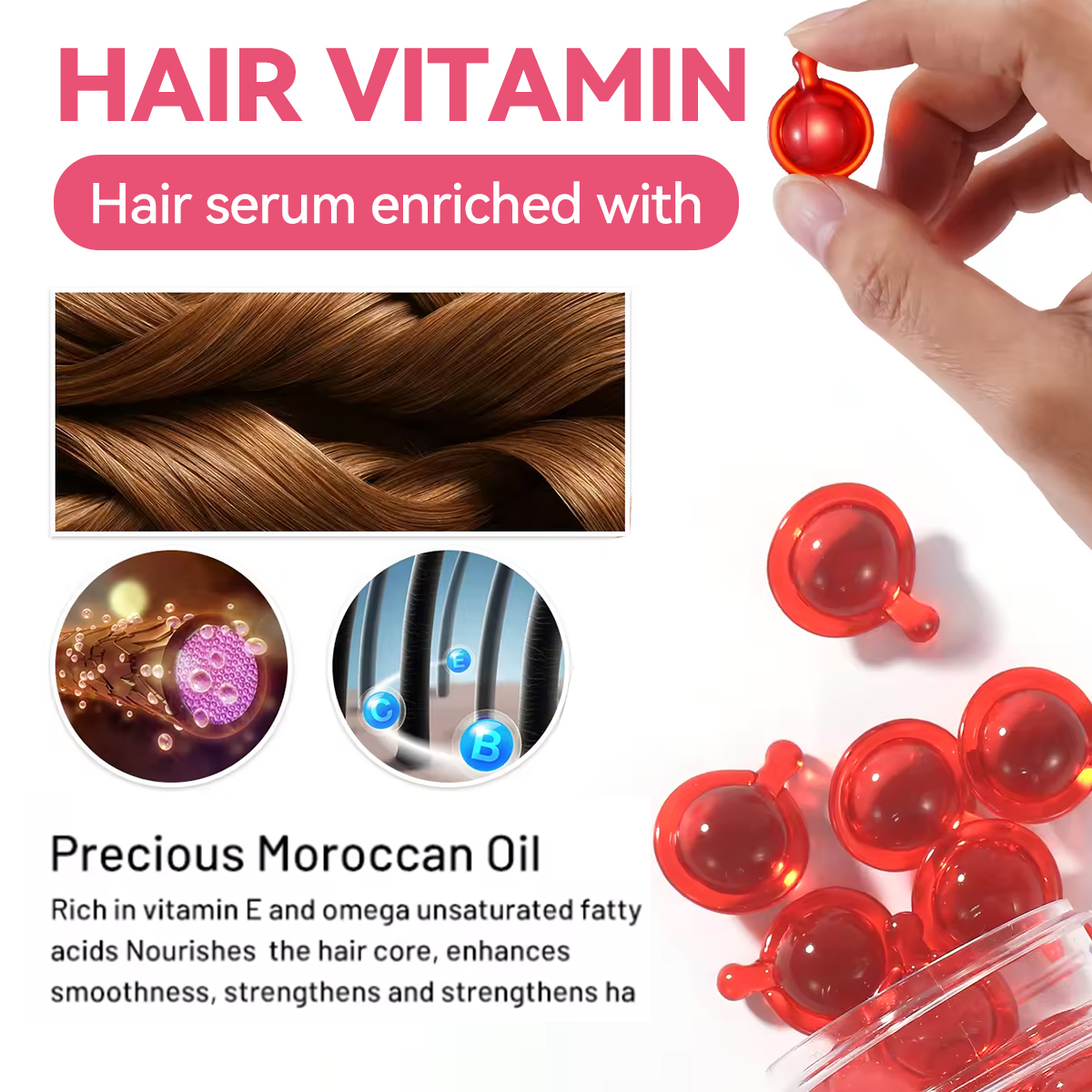 Argan Macadamia Avocado Serum - Hair Treatment Conditioner. NOURISHING FORMULA: A blend of Argan, Avocado, and Moroccan oils plus Vitamins A, C, E and Pro B5 deeply conditions hair while fighting frizz. HAIR VITAMINS: Essential fatty acids and antioxidant