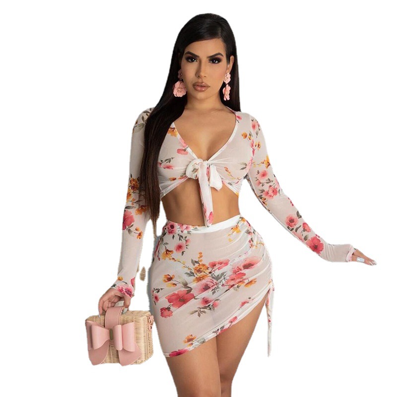 Summer New Long-sleeved T-shirt Fashion Printing Slim Bag Hip Skirt Suit Ins Sexy Perspective Top Skirt