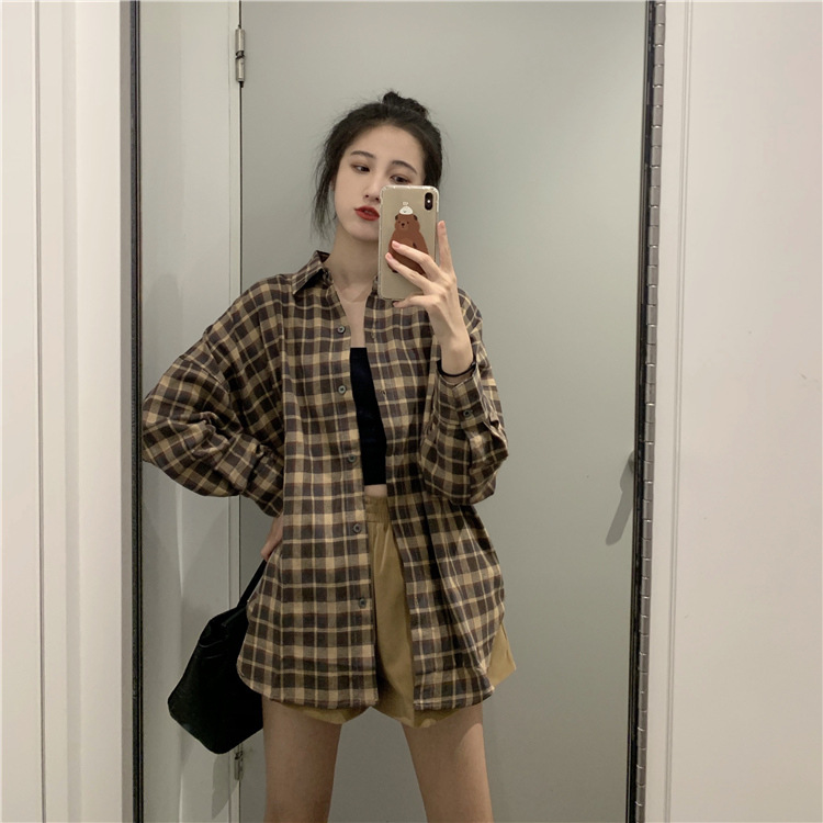 Title 2, Western Style Plaid Shirt Female Retro Hong Kon...