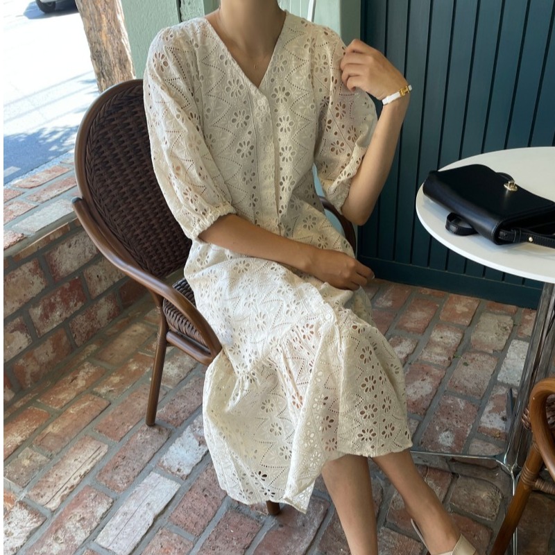 Gentle V neck Cut out Lace Ruffle Dress White - Shop at LoveMi