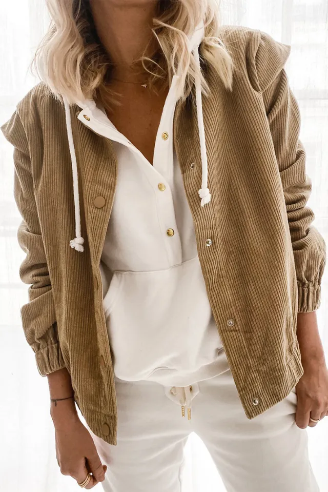 Simple Solid Color Corduroy Cardigan Casual Long Sleeve Jacket Khaki - Shop at LoveMi
