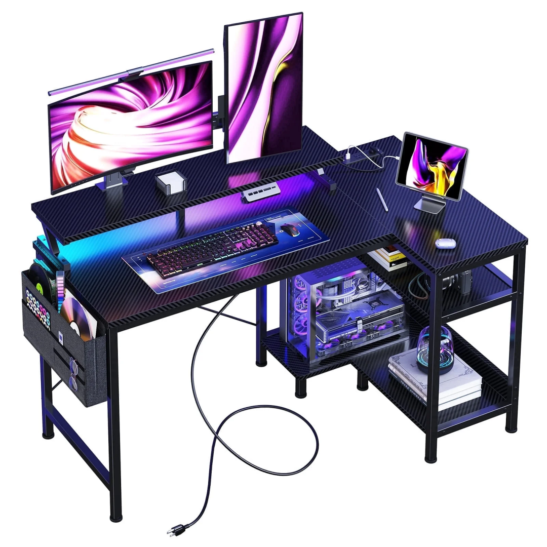 Game Table, With USB Charging Port, Power Socket, Type-C Interface And LED Lights, Computer Table Equipped With Storage Rack And Monitor Stand