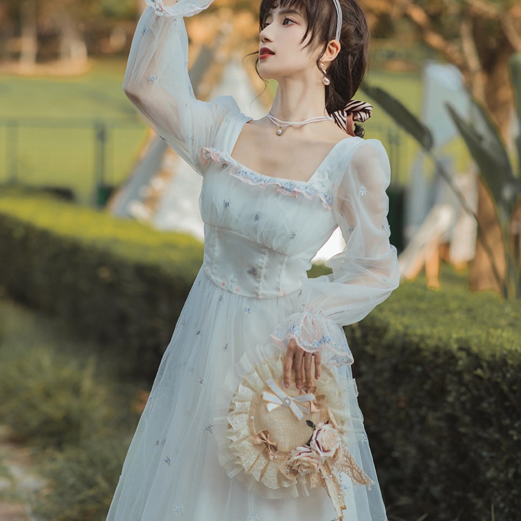 Square Neck Gentle Wind Mesh Embroidered Dress — image 1