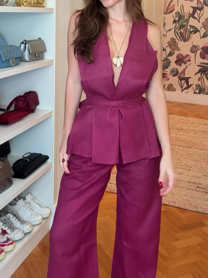 Deep V Sleeveless Top Cotton And Linen High Waist Pants Suit