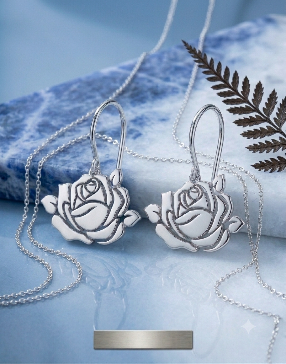Custom Rose Earrings 24K Gold Plated Silver Floral Dangle Gift — view 3