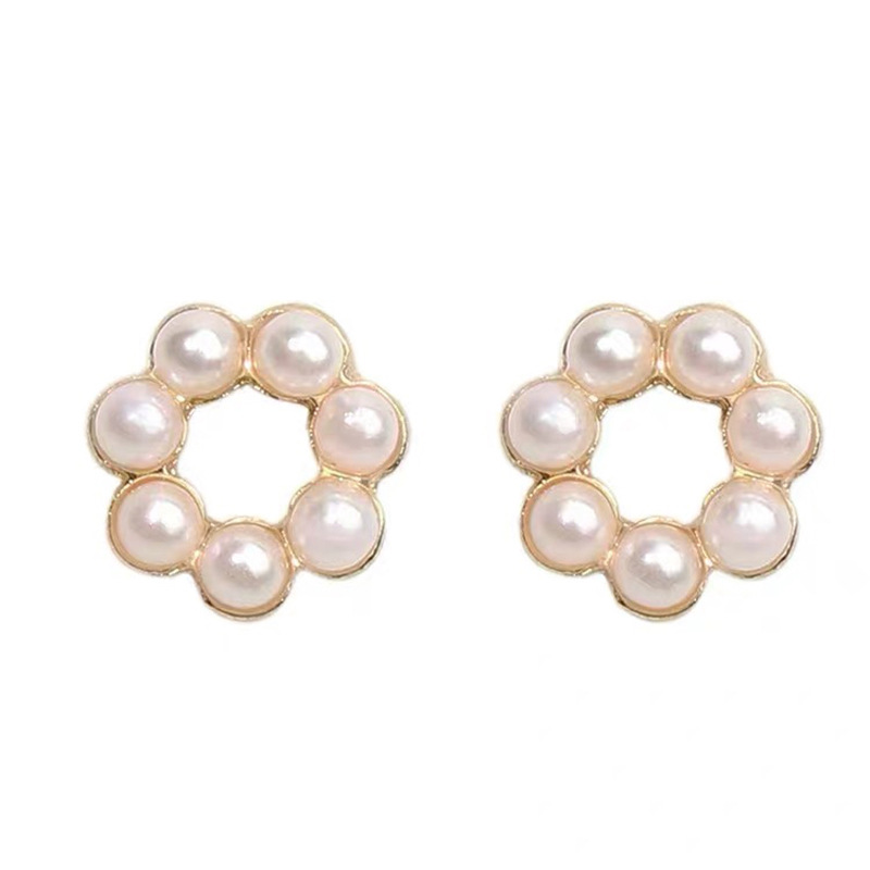 Silver Post Mini Pearl Geometric Circle Stud Earrings