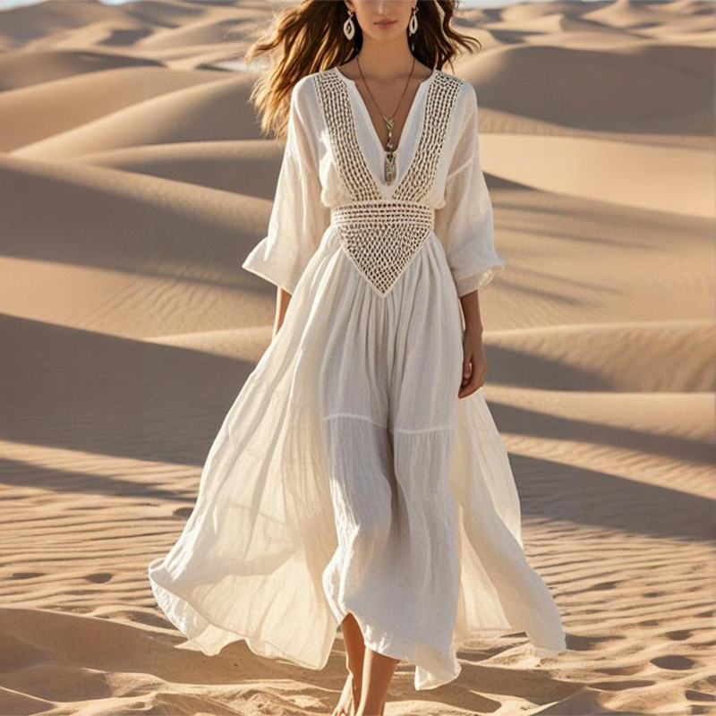 Women's Solid Color Deep V Neck Long Sleeve Translucent Stitching Design Maxi Beach Bohemian Style Dress White - Shop at LoveMi