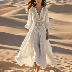 Women's Solid Colour Deep V-Neck Long Sleeve Translucent Stitching Design Maxi Beach Bohemian Style Dress - White - View 1