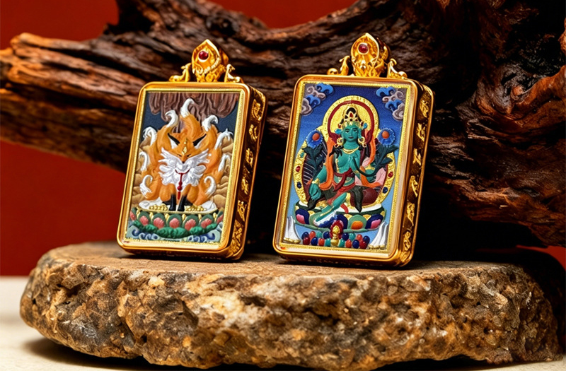 Hand-Painted Thangka Zaki Lamu Manjushri Green Tara Medicine Buddha Past And Present Life Customizable Picture Xizang-Style Rubbed Thangka Pendant product image
