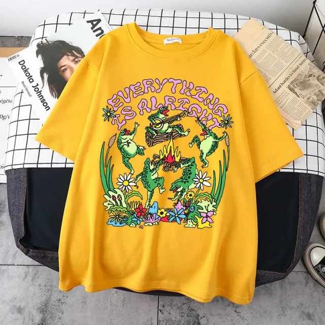 Gothic Style European And American Printed Round Neck Loose T shirt Yellow - Shop at LoveMi