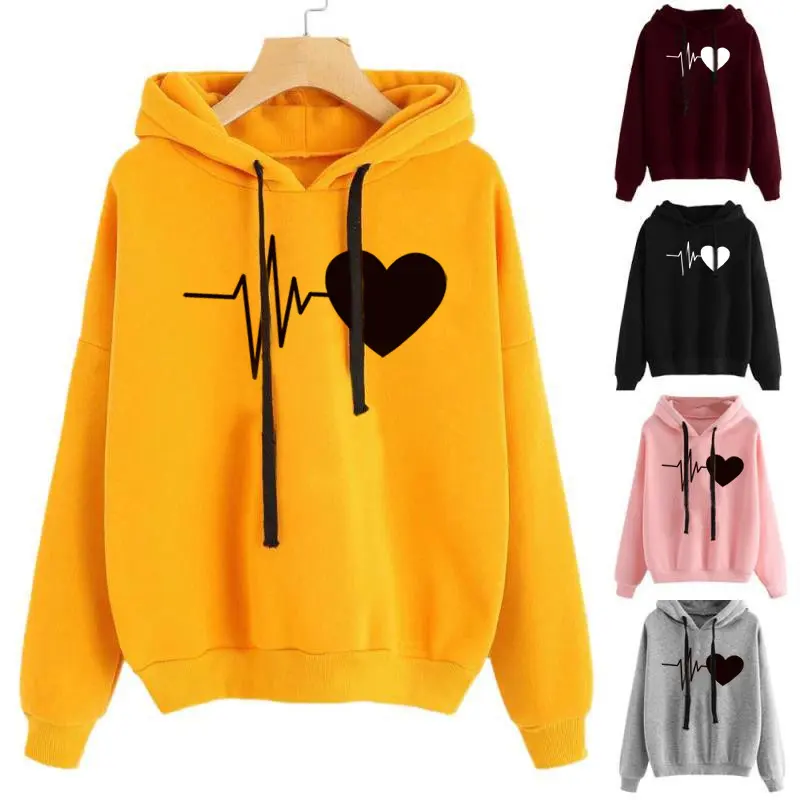 Heart Print Streetwear Hoodies Women Sweatshirt Spring Autumn Long