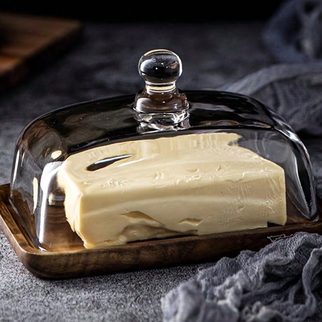 NEW Glass Butter Dish With Lid & Bamboo Base Tray Vintage Acacia Wood Butter Dish UK