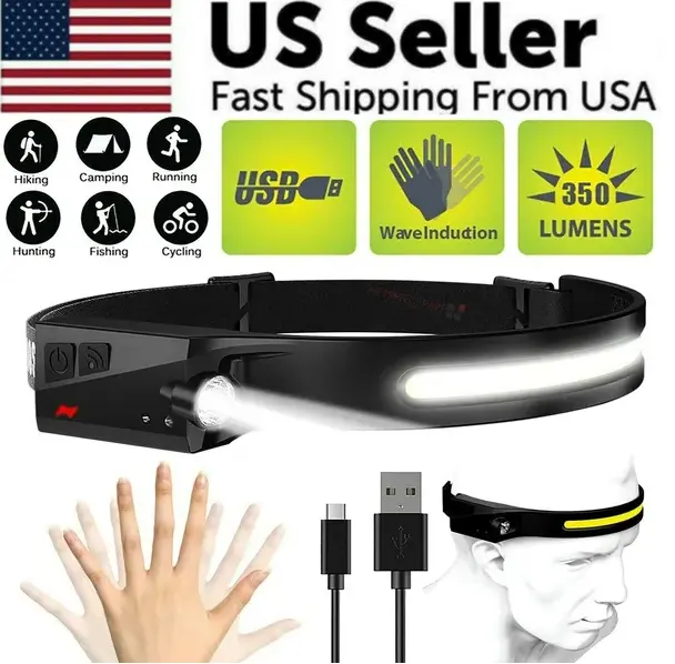 COB LED Headlamp USB Rechargeable Headlight Torch