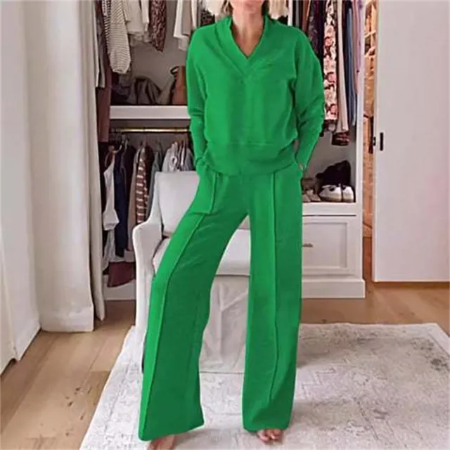 Long Sleeved Loose Top And Wide Leg Pants Two piece Set Green - Shop at LoveMi