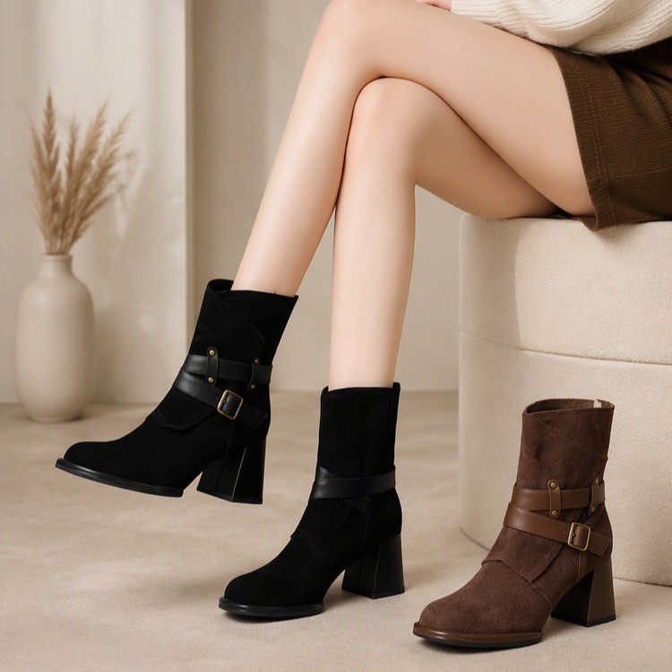 Vintage Suede Western Ankle Boots For Women, Round Toe Buckle Strap Block Heel Cowboy Short Boots