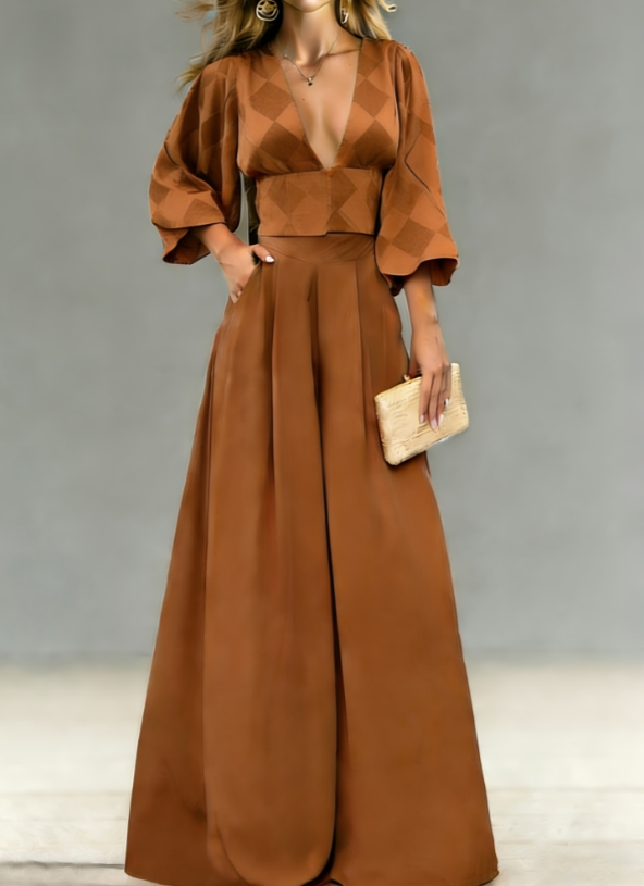 V-neck Puff Sleeve Top Wide-leg Pants Two-piece Set