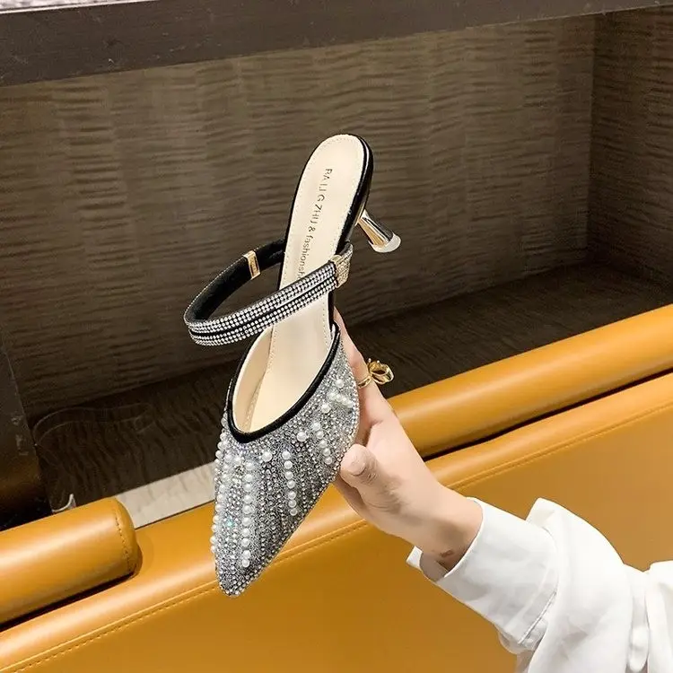 Women Pearl Rhinestone Pointed Toe High Heel
