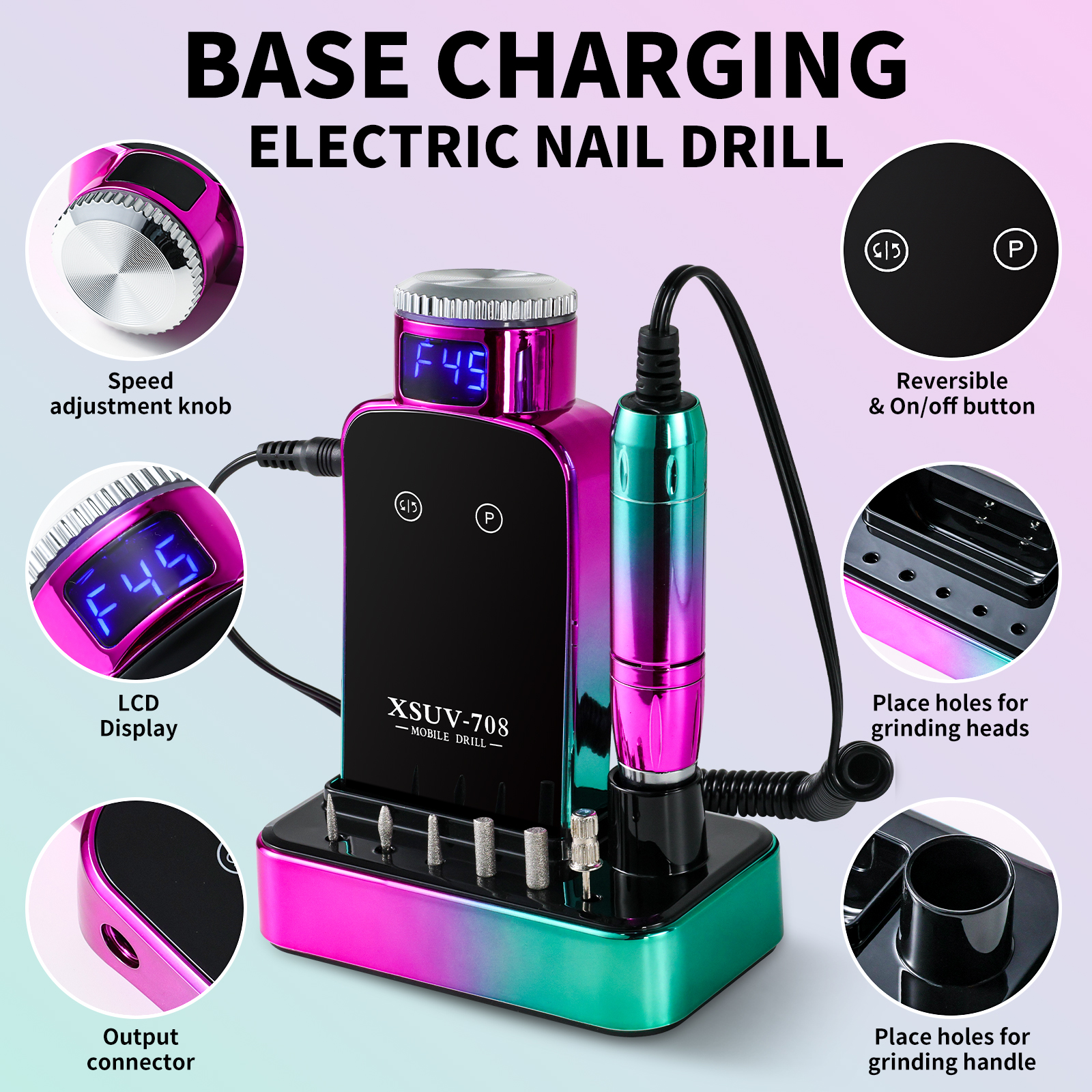 Professional Electric Nail Drill, 45000 RPM Cordless Rechargeable E-File Machine, With 12 Bits, Sanding Bands, LCD Display For Acrylic Gel Nails — foto 7