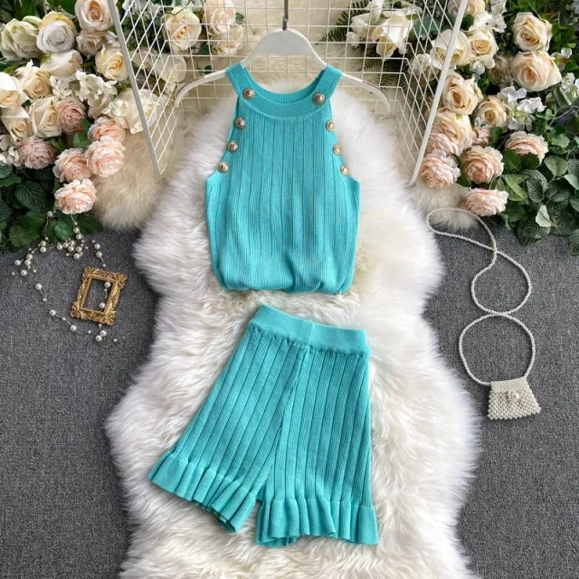 Short Waist Trousers Camisole Vest Off the shoulder Sling All match High knit Suit Sky Blue - Shop at LoveMi