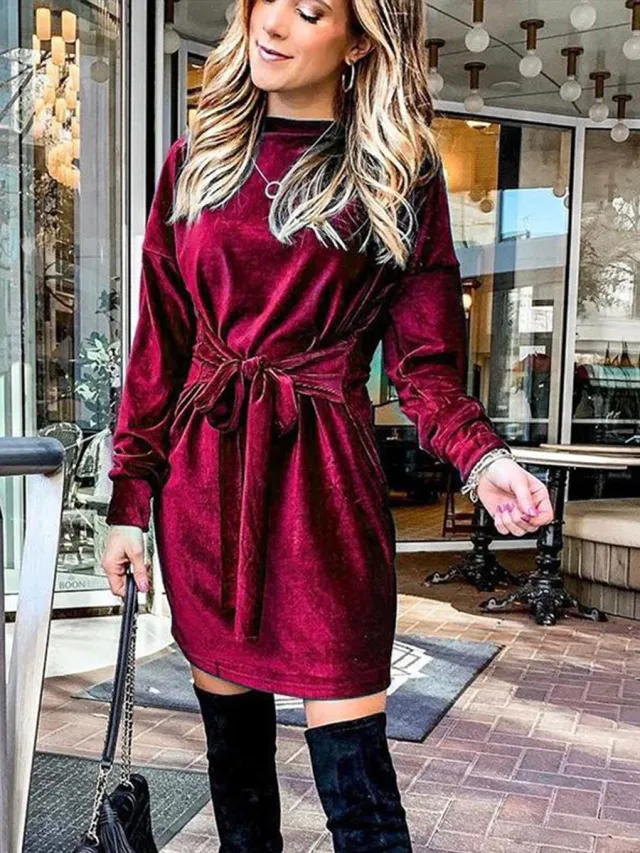 Round Neck Lace Up Velvet A line Skirt Wine Red - Shop at LoveMi