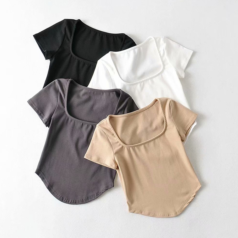 Slim-fit Square-neck Curved Short-sleeved T-shirt Blouse