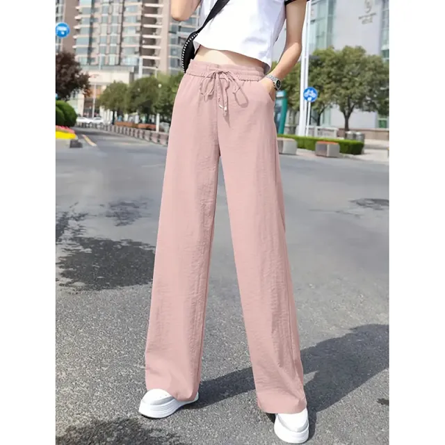 Women's Casual Pants Drawstring Elastic Waist Pants Flowy Wide Leg Trousers With Pockets Pink - Shop at LoveMi