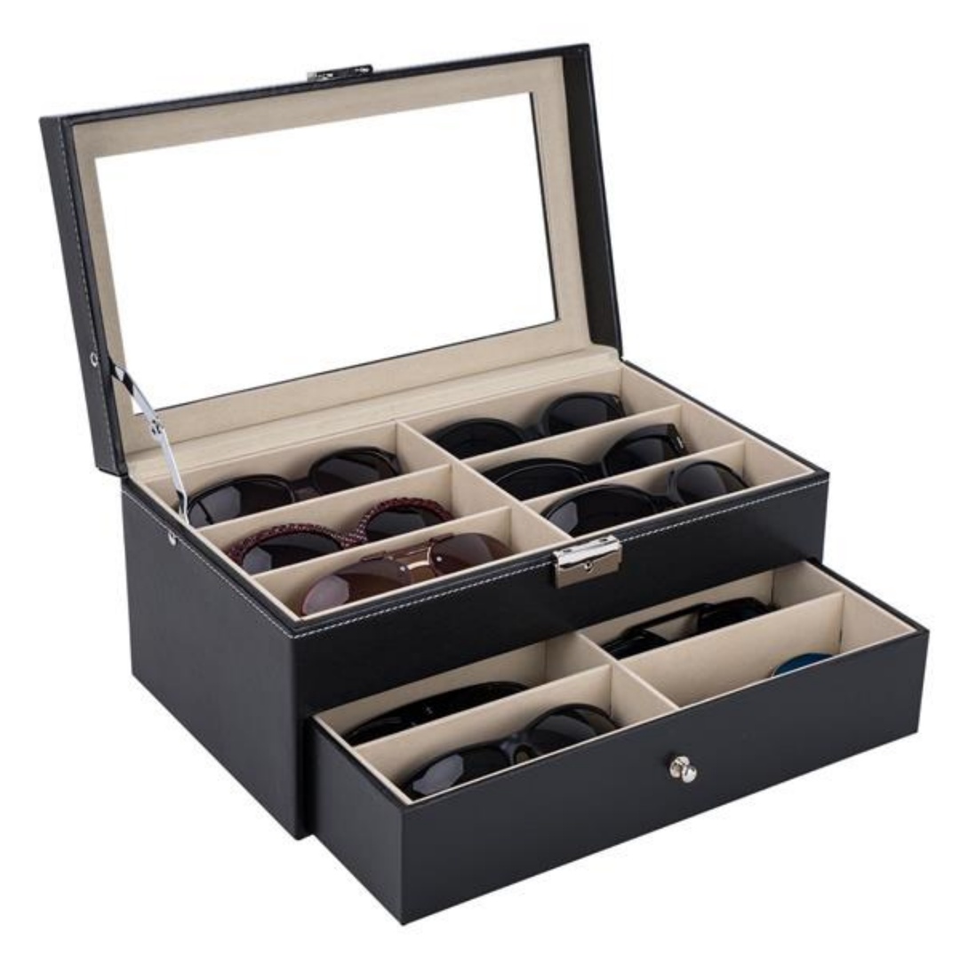Leather 12 Piece Eyeglasses Storage And Sunglass Glasses Display Drawer...