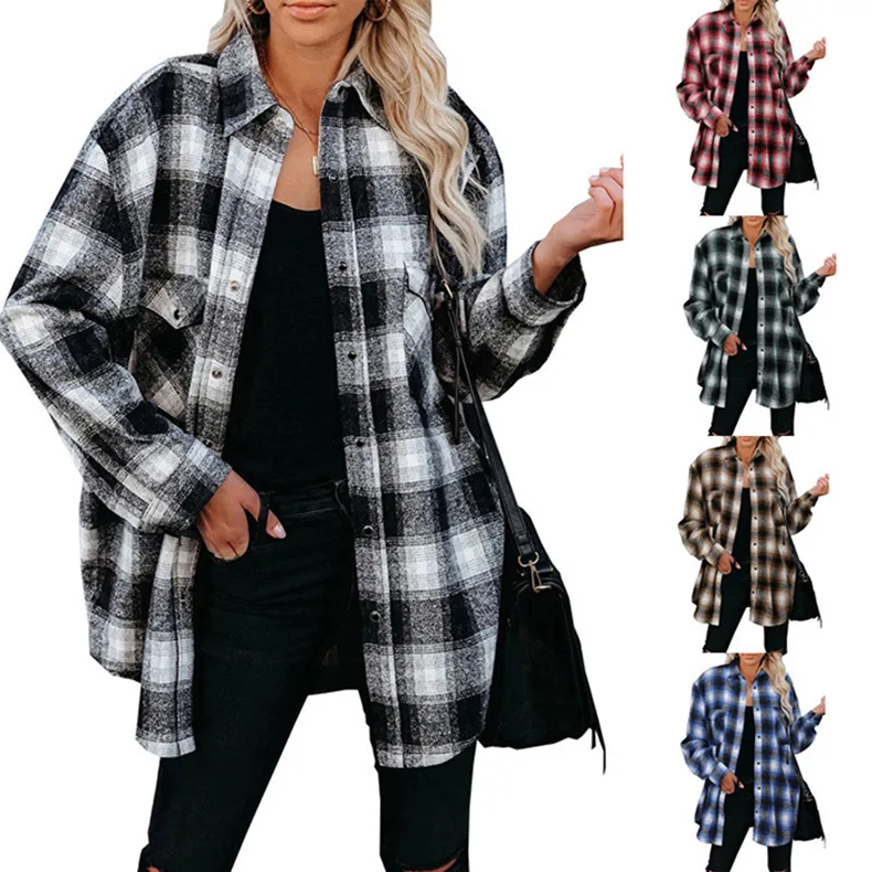 Plaid Shirt Women Spring Mid-length Loose Blouse Turndown Collar