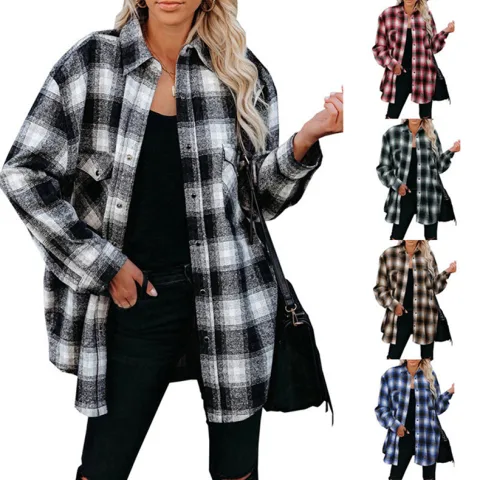 Plaid Shirt Women Spring Mid-length Loose Blouse Turndown Collar