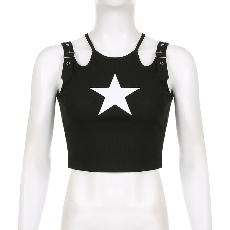 Dark Girl Fashion Wear With Double Adjustable Shoulder Straps Design Navel Vest Five-pointed Star Hot Girl Print Black