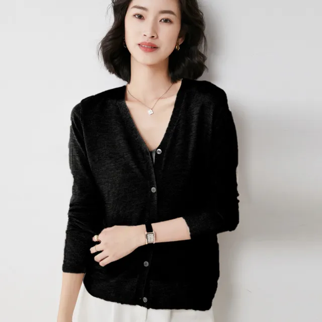 Summer Short Outer Loose Solid Color All match V neck Sweater Black - Shop at LoveMi