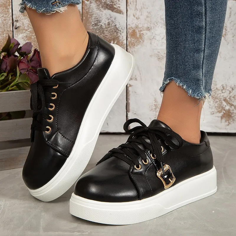 Lace-up Flats Shoes With Metal Buckle Design Lightweight Round Toe Platform Loafers Casual Shoes For Women - Black
