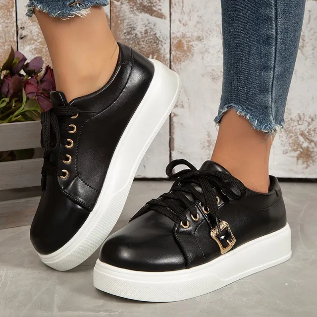 Lace up Flats Shoes With Metal Buckle Design Lightweight Round Toe Platform Loafers Casual Shoes For Women Black - Shop at LoveMi