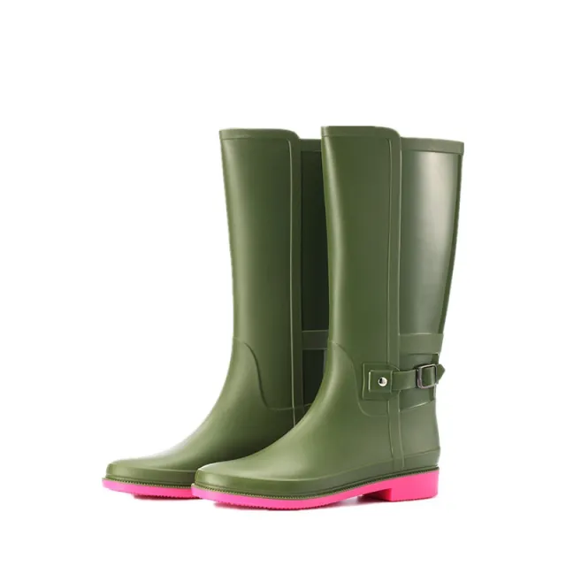 Solid Color Buckle High top Rain Boots Non slip Green - Shop at LoveMi