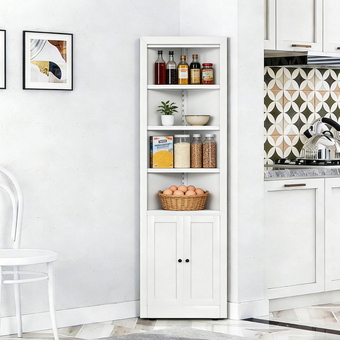 71in Tall Corner Storage Cabinet With 2 Doors, 5-Tier Metal Cabinet With Adjustable Shelves, Freestanding Kitchen Storage For Pantry, Living Room, Bathroom, Laundry Room, Space Saving Furniture, White
