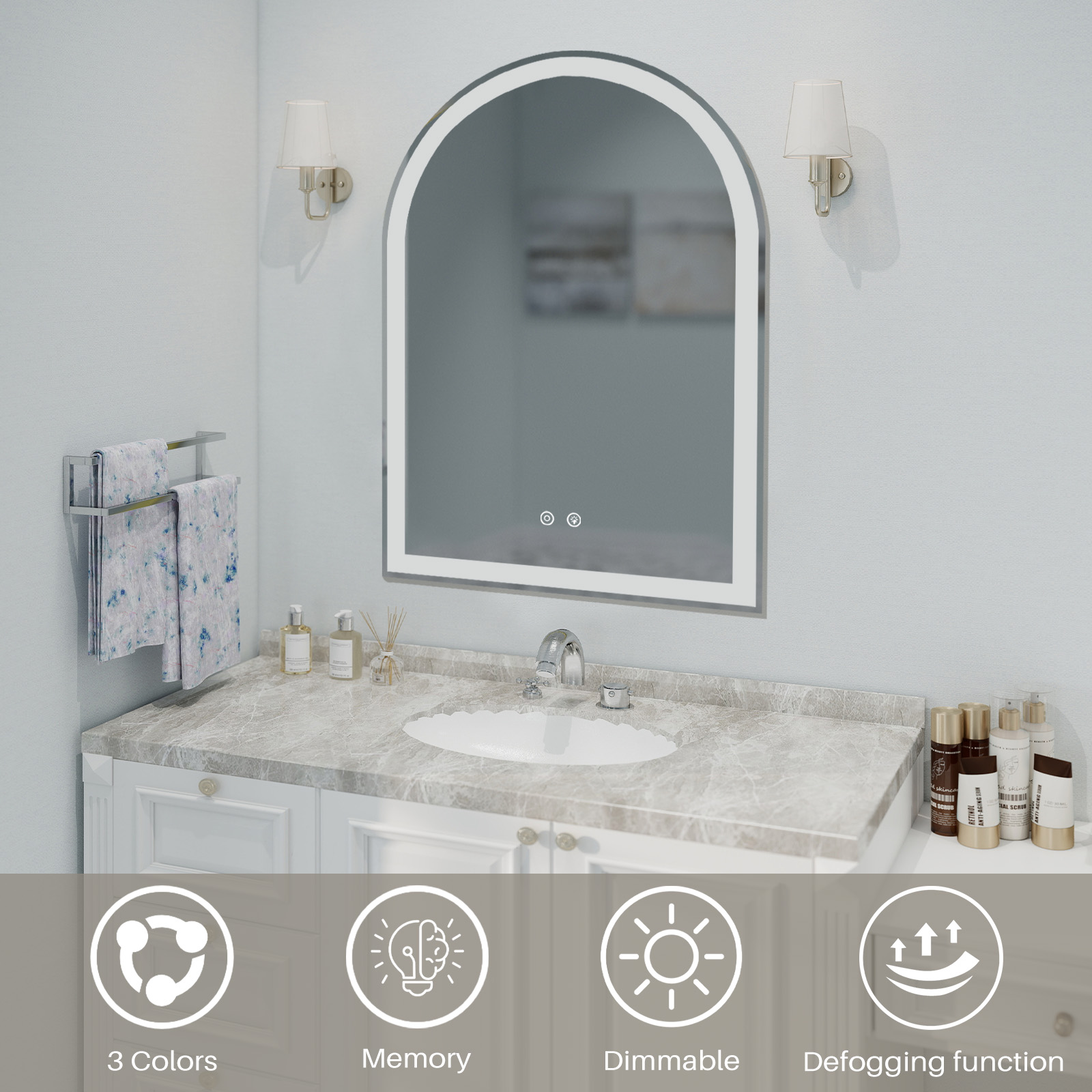 Smart Anti-fog LED Bathroom Mirror Arch Shape Dual Light 3 Color Temperatures Memory Dimming image 2