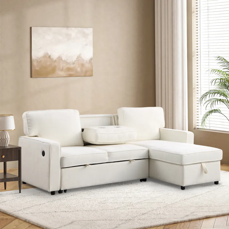 USTYLE Upholstery Sleeper Sectional Sofa With Storage Space, USB Port, 2 Cup Holders On Back Cushions
