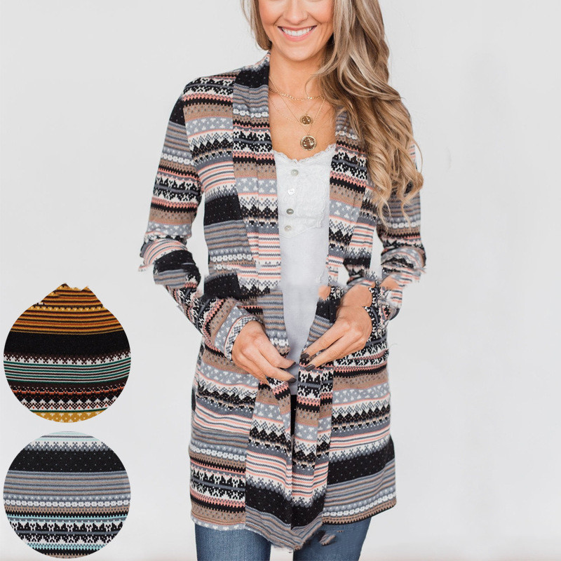 Women's Graphic Printed Pocket Patch Long Sleeve Cardigan Coat