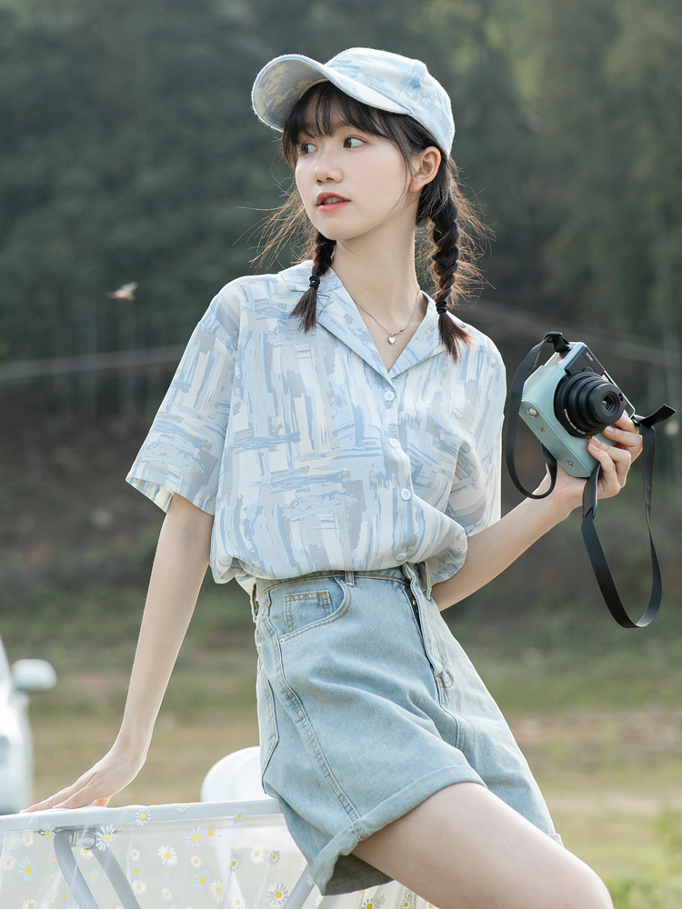 Ladies Short-sleeved Shirt Blue All-match Jk Top Trendy