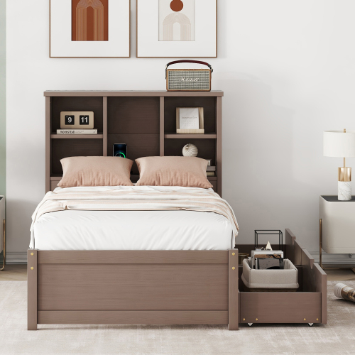 Modern Twin Size Bed Frame With Built-in USB Port On Bookcas view 14