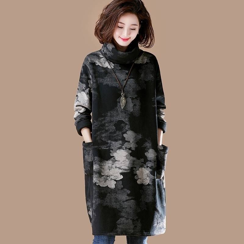 Mid-length Plus Velvet High-neck Printed Sweater Loose