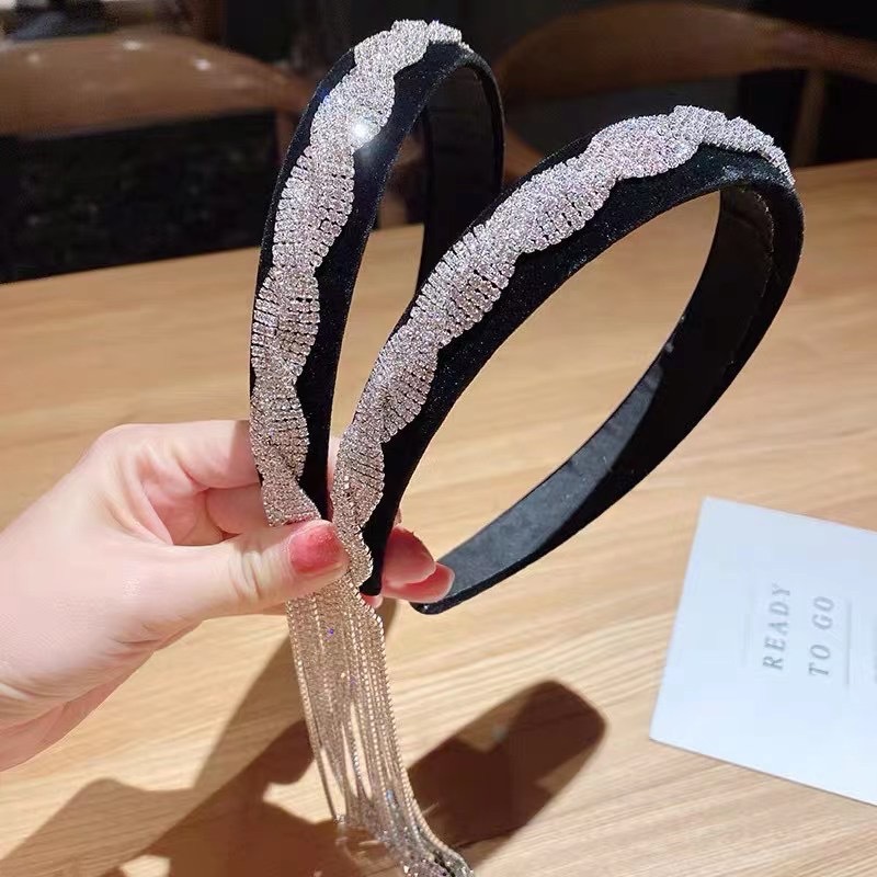 Title 5, White Fringe Long Strip Shape Rhinestone Headband