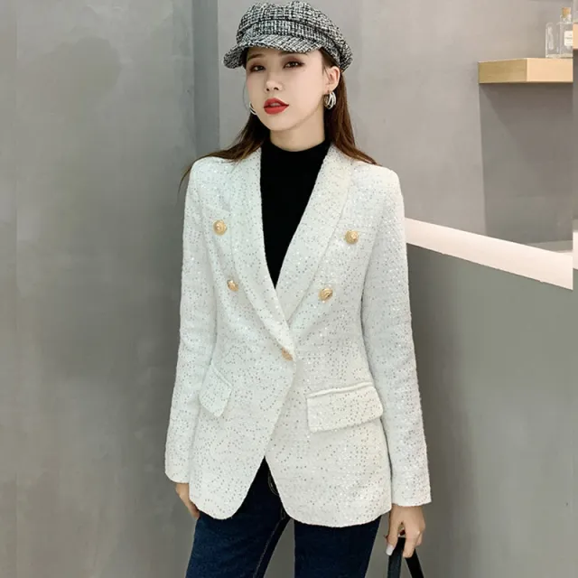 Women's Sequined Autumn And Winter Tweed Suit Jacket White - Shop at LoveMi